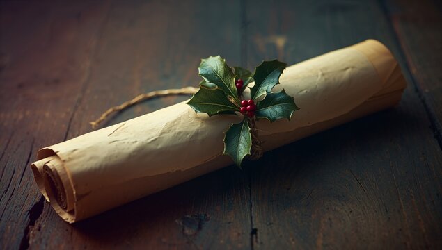 Displaying aged parchment scroll lying on rustic wooden tabletop, with holly sprig and twine - Powered by Adobe