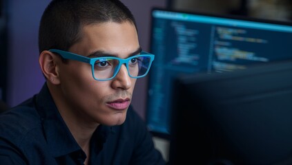 Developer wearing bright blue glasses and dark shirt reviewing code on monitors at office desk