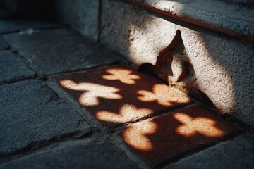 Decorative shadows cast on stone and brick wall