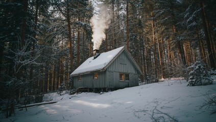 Emitting plume of smoke from chimney atop wooden cabin in snow-covered clearing, sunlight filtering