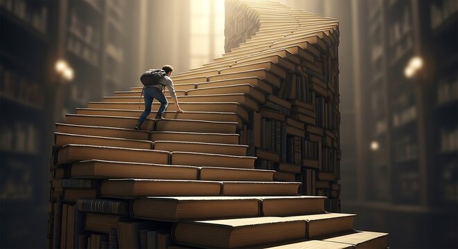 Man climbing a spiral staircase made of books in a grand library