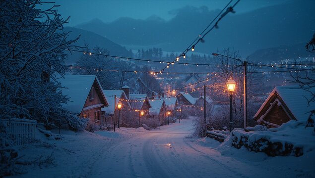 Glowing lamps lighting snowy village road, lighting wooden cottages with string lights at twilight