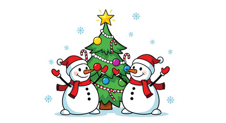 Cheerful Snowmen Decorating Christmas Tree with Festive Ornaments and Candy Canes