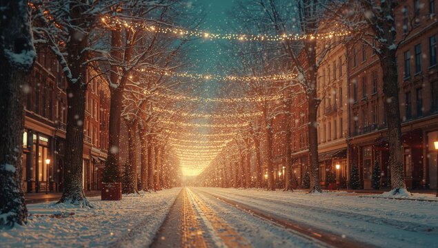 Draping string lights under leafless trees above snowy tram tracks on street with lampposts - Powered by Adobe