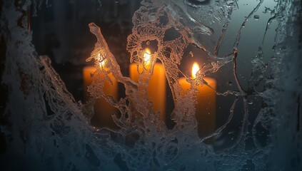 Flickering three lit pillar candles glowing through frosted glass pane at windowsill, warming scene