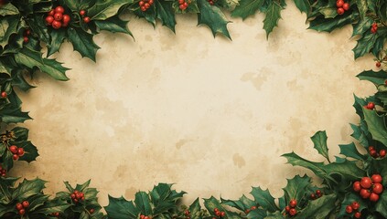 Botanical frame featuring aged parchment panel at center, with lush holly leaves and red berries
