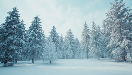 Featuring snow-laden evergreen trees standing in winter forest clearing, with snow-covered ground
