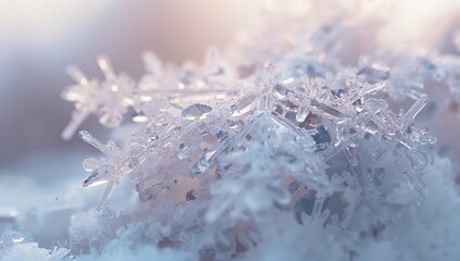 Glittering snowflakes and ice crystals resting on fresh snow surface at ground, winter backdrop