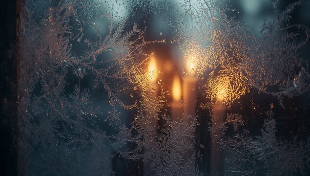 Displaying frosted glass pane etched with ice crystal formations at home, with blurred lamp glow