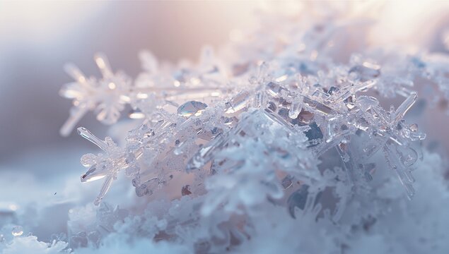 Glittering snowflakes and ice crystals resting on fresh snow surface at ground, winter backdrop