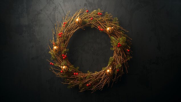 Hanging wreath showcasing twigs and red berries on charcoal-gray entryway wall, with gold baubles