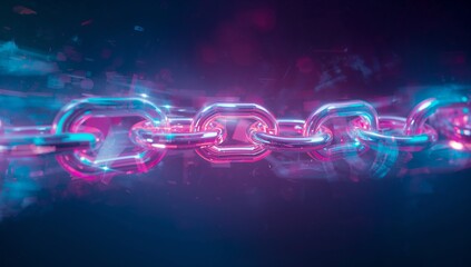Glowing metallic chain links floating in high-tech digital space, with neon pink and blue pixels