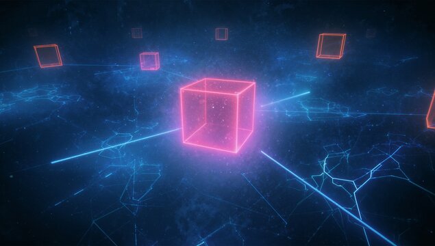 Glowing neon pink cube floating over grid of node lights, sending blue beams toward orange cubes