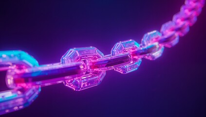 Floating neon chain glowing in dark gradient studio, with translucent polygonal beveled links