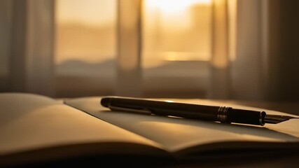 Elegant fountain pen resting on an open notebook with warm sunlight streaming through a window - Powered by Adobe