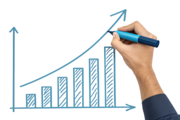 Hand with a blue marker drawing a rising arrow graph, symbolizing growth. Isolated on transparent background, png