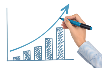 Hand with a blue marker drawing a rising arrow graph, symbolizing growth. Isolated on transparent background, png