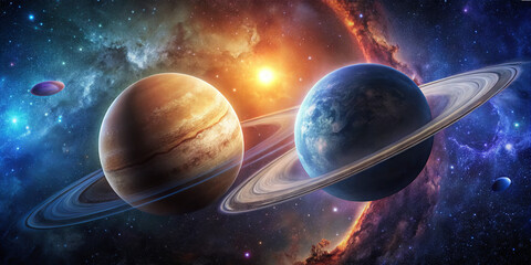 Obraz premium Two large planets float in a vast universe, surrounded by colorful cosmic dust and vibrant stars. The scene reflects a stunning celestial event with bright colors