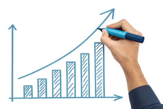 Hand with a blue marker drawing a rising arrow graph, symbolizing growth. Isolated on transparent background, png