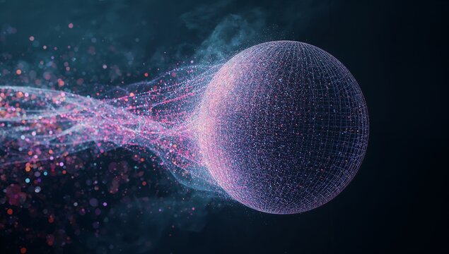 Glowing wireframe sphere rotating in dark virtual environment, with neon light streams, copy space