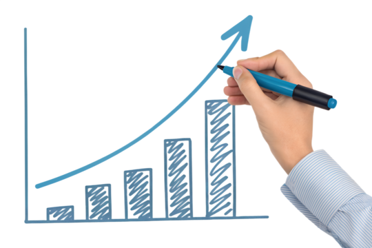 Hand with a blue marker drawing a rising arrow graph, symbolizing growth. Isolated on transparent background, png