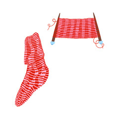 Crochet sock knitting, hand knitting, red sock yarn, hook, knitting needles. hobby, craft, handicraft, homework
