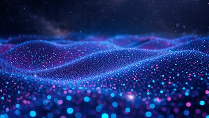 Displaying undulating mesh grid glowing with particles in simulation space, with star-like specks