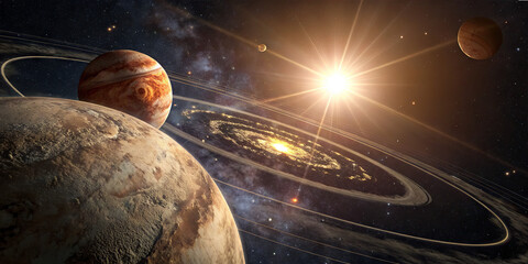 Several planets orbit a bright sun in a colorful galaxy. The scene highlights the vastness of space, showcasing rings and celestial bodies against a starry background