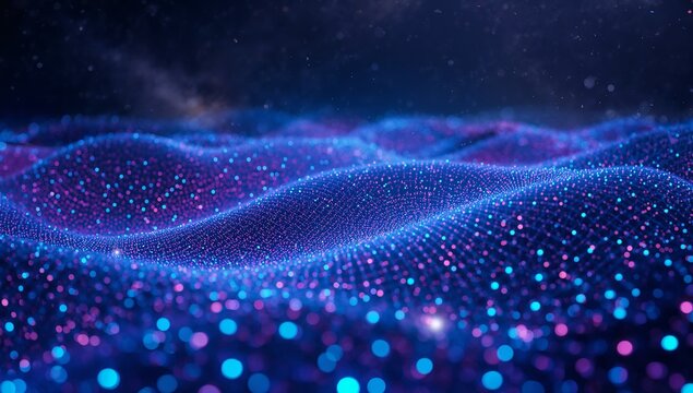 Displaying undulating mesh grid glowing with particles in simulation space, with star-like specks