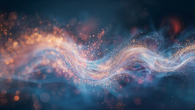 Flowing particle wave twisting through digital space, with orange specks and blue bokeh spots