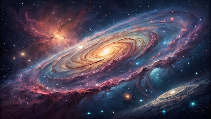A bright spiral galaxy shines in the dark universe, surrounded by stars and cosmic gases. Swirling colors create a mesmerizing celestial scene that captivates the eye