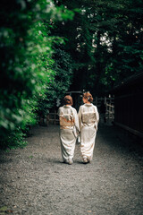 Two Women in Kimono Walking Together at a Peaceful Shinto Shrine Path in Tokyo