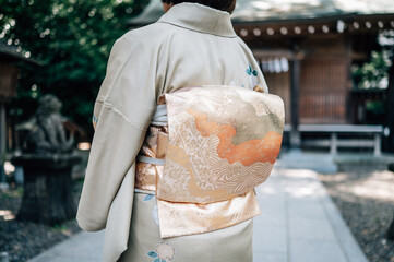Elegant kimono and obi at a Japanese shrine