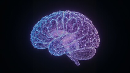 Glowing neon wireframe brain model showing neural connections in virtual space, via nodes and lines