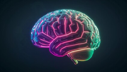 Glowing stylized 3D brain model pulsating in dark digital studio, with neon circuitry patterns