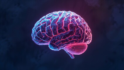 Floating neon wireframe brain model rotating in digital space, with polygonal mesh and neon accents