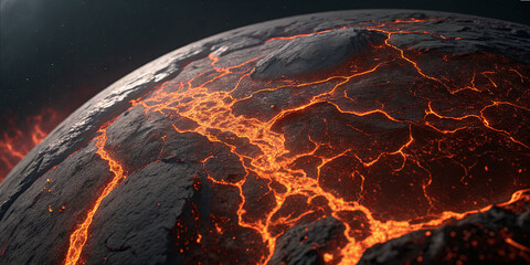 Bright lava flows snake across the dark surface of a faraway planet, showcasing an intense geological activity. Fiery cracks reveal the planet’s molten core during a cosmic moment