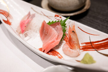 Fresh Japanese Sashimi Platter with Tuna and Shrimp