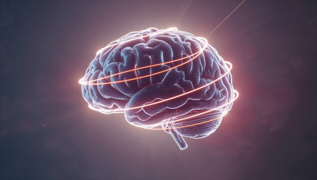 Floating 3D brain model glowing in digital space, with neon light rings, lens flares and particles