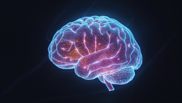 Displaying neon brain wireframe hovering in void-like space, with glowing neural activity nodes