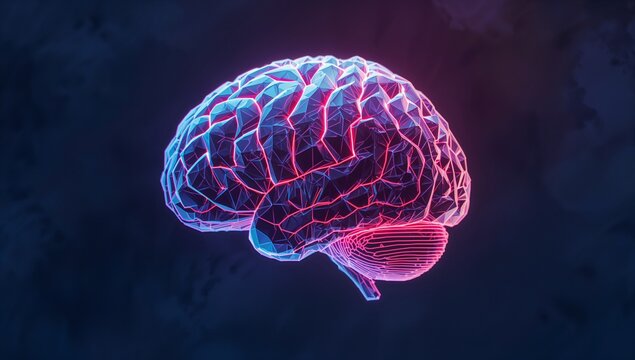 Floating neon wireframe brain model rotating in digital space, with polygonal mesh and neon accents