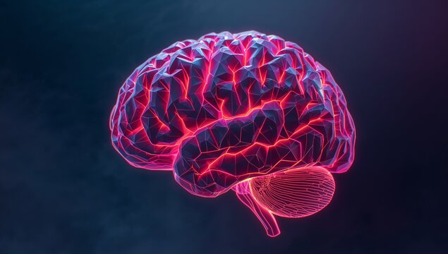 Floating neon wireframe brain showing hemispheres cerebellum brainstem over blue purple gradient