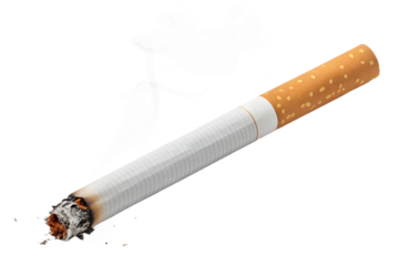 Realistic lit cigarette with a brown filter and glowing burning tip, showing smoldering ash and smoke detail. Isolated on transparent background, PNG format. Ideal for health, smoking awareness, or an