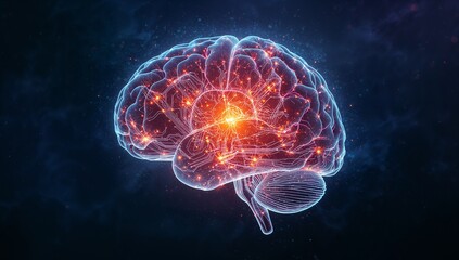 Displaying 3D-rendered human brain model glowing neural circuits in cosmic digital space with nodes