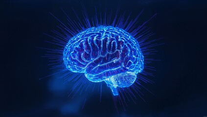 Floating holographic brain displaying neural network lines in digital space, with particle bursts