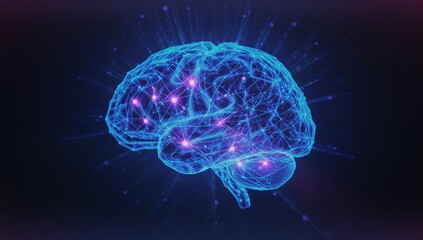 Floating neon blue wireframe brain hovering amid purple blue gradient, with glowing neural nodes