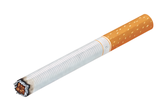 Realistic lit cigarette with a brown filter and glowing burning tip, showing smoldering ash and smoke detail. Isolated on transparent background, PNG format. Ideal for health, smoking awareness, or an