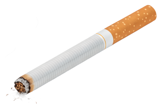 Realistic lit cigarette with a brown filter and glowing burning tip, showing smoldering ash and smoke detail. Isolated on transparent background, PNG format. Ideal for health, smoking awareness, or an