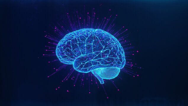 Displaying 3D brain model floating in virtual space, with glowing neural lines and purple nodes