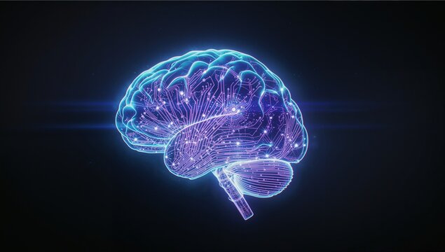 Floating neon brain featuring purple circuits and lit nodes with cyan outline in dark digital void